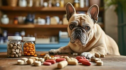 A dog laying on the ground with many treats