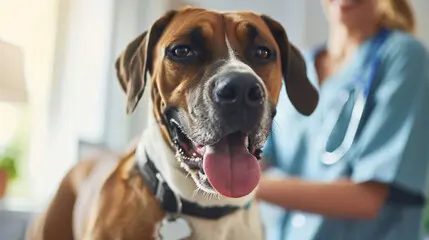 A brown and white dog with its tongue hanging out.